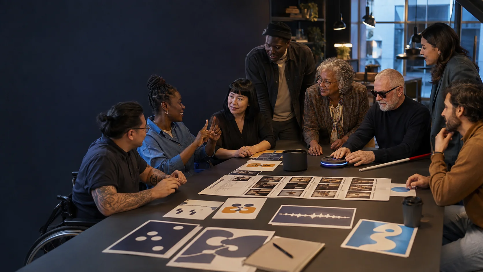Concept illustration of adults with varied ages and access needs reviewing pictograms and an audio waveform together in a co-design workshop