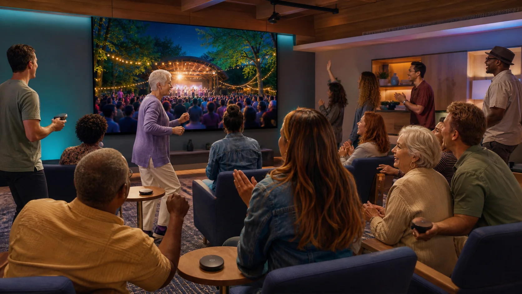 A mixed-age group enjoying a fictional festival together in a community room