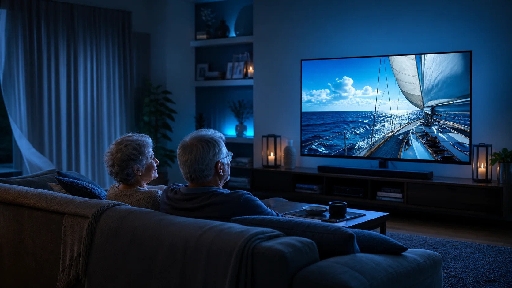Older adults and family members enjoying a fictional movie experience at home