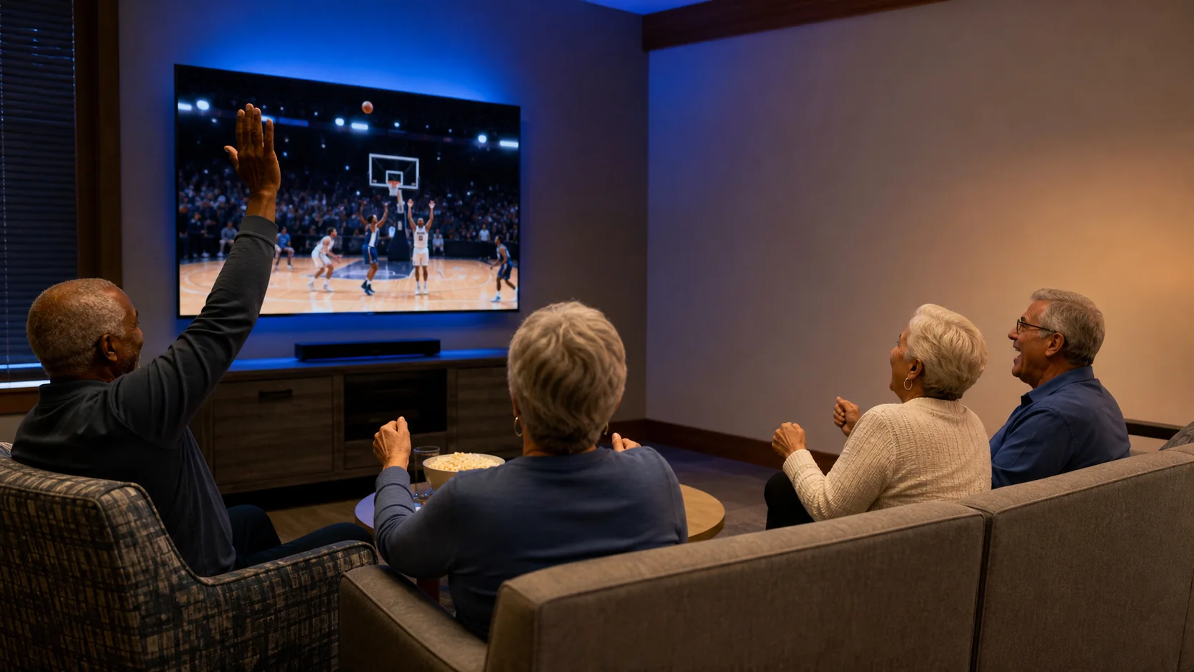 Older adults and younger guests sharing a fictional sporting event in a community room