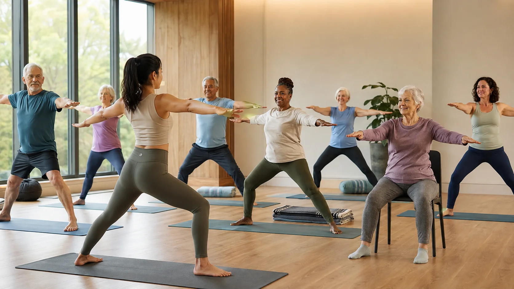 Adults of different ages, including chair-yoga participants, following a fictional wellness session