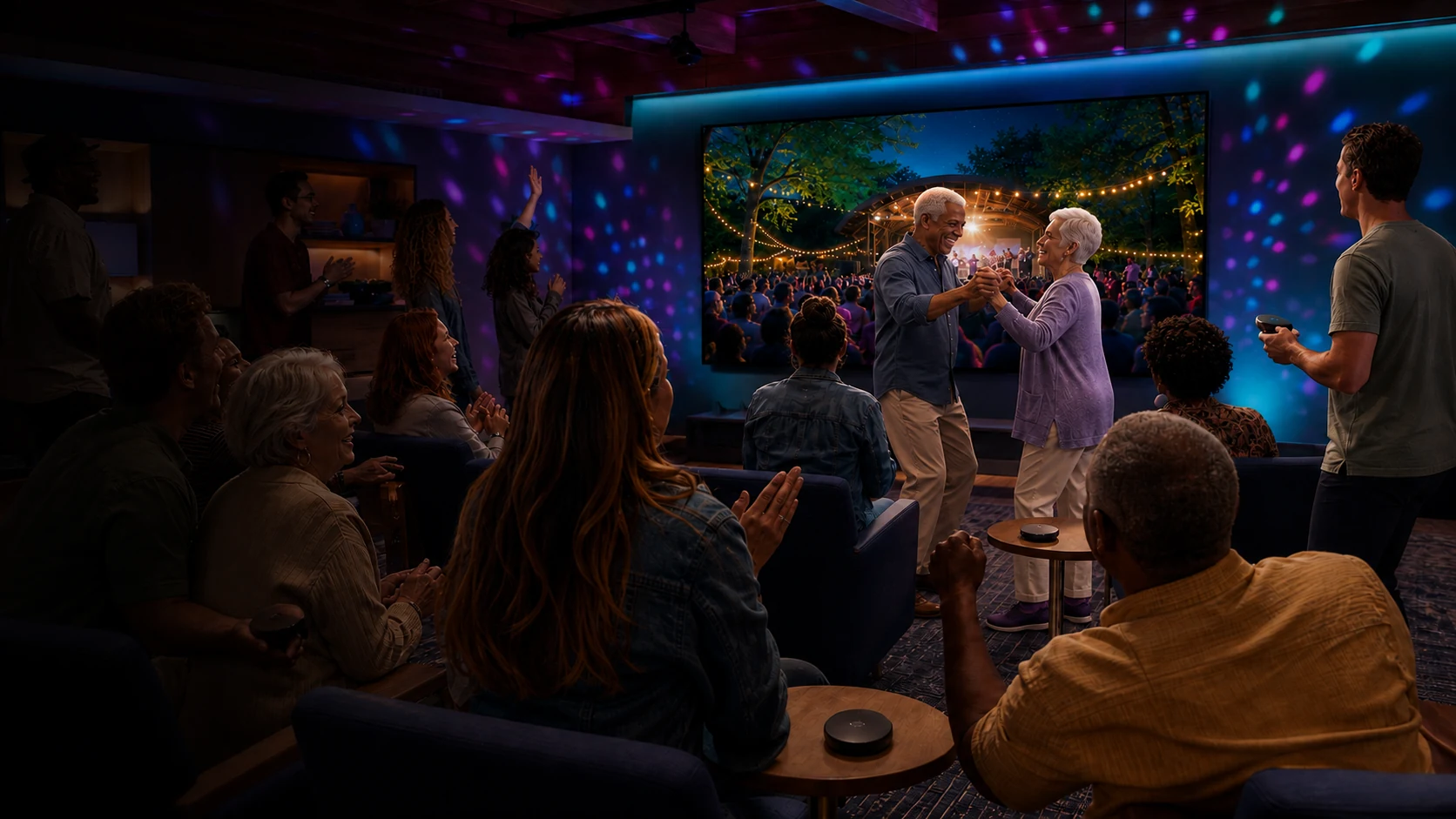 An older woman and man dancing together at night beneath colorful projected lights while a mixed-age community shares a fictional outdoor festival on a centered television
