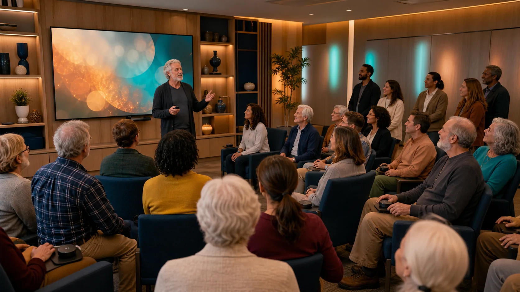 Concept illustration of an older presenter guiding a mixed-age audience